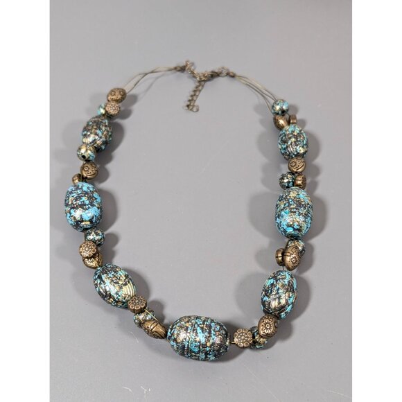 Bronze Tone Green Patina Faux Stone Statement Necklace 20" Tribal Boho - Picture 2 of 9